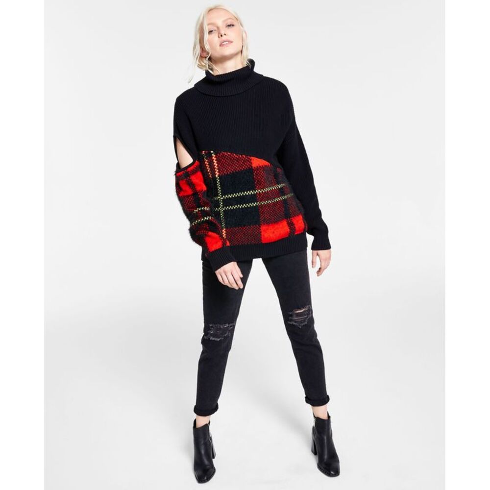 Bar III Plaid Cutout Turtleneck Sweater
